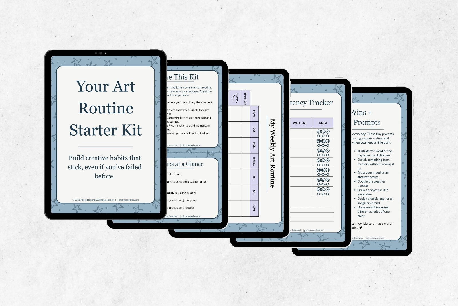 Five tablets displaying each page of the free art routine kit
