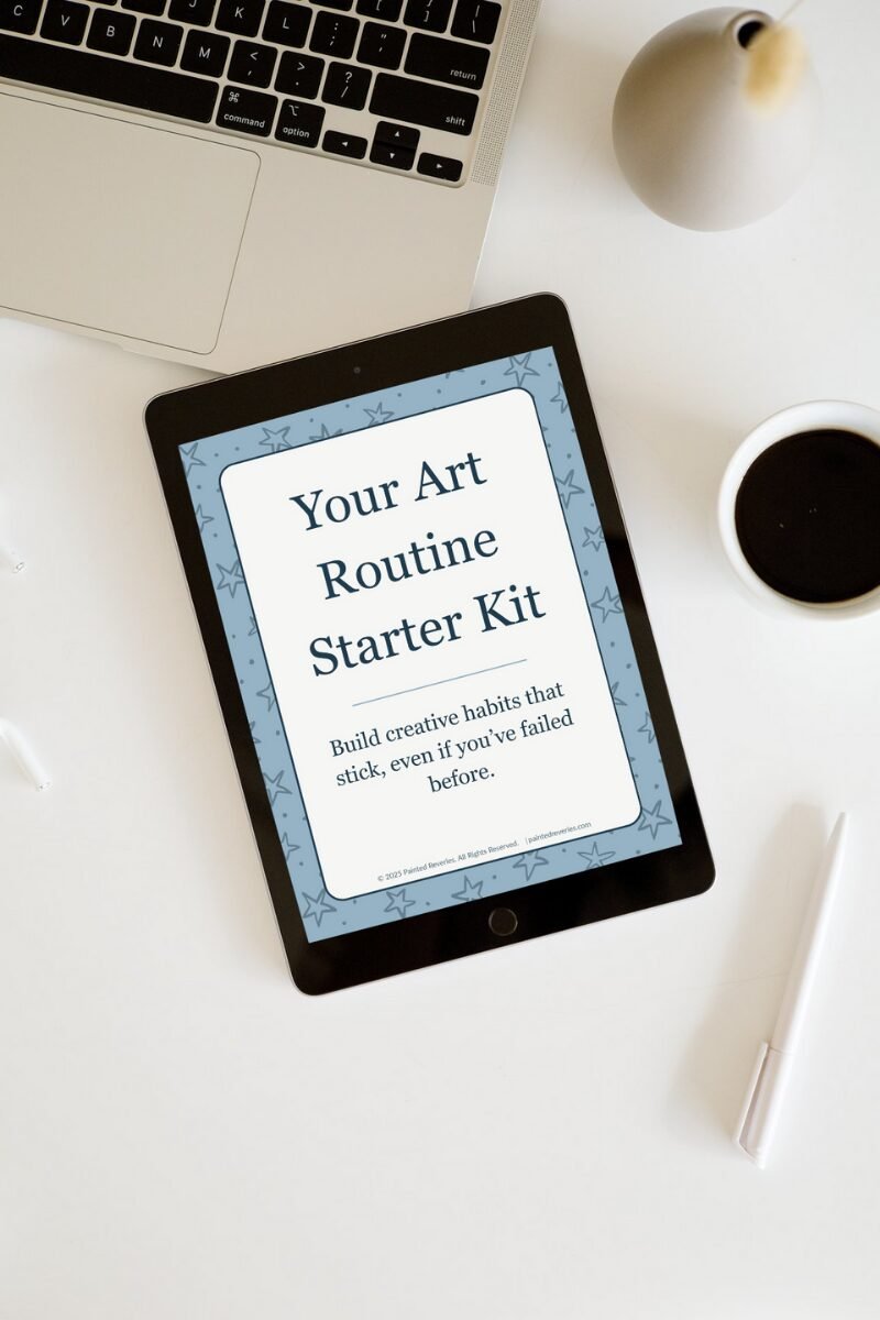 Tablet on desk displaying the Art Routine Kit Freebie by Painted Reveries cover page